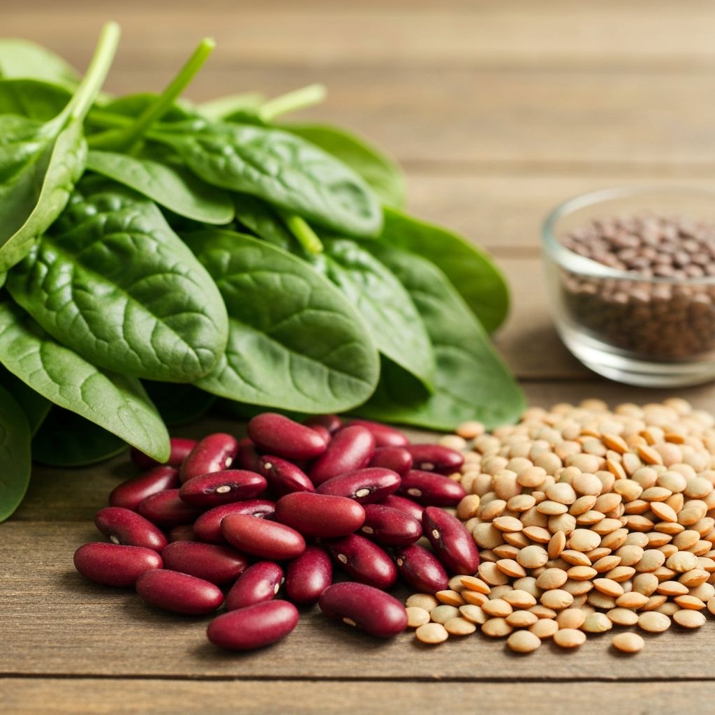 Natural iron-rich foods including lentils and beans